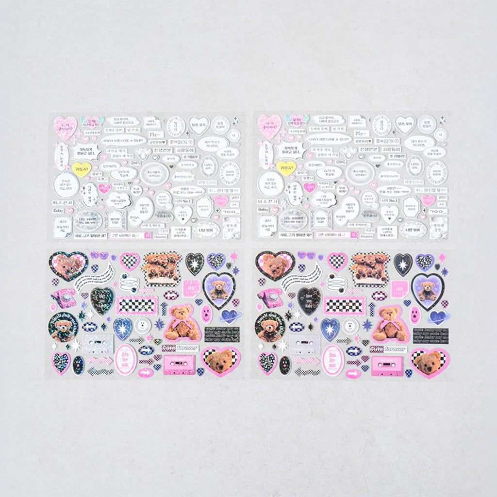 [DAISO] Holographic Glitter Polco Stickers (Fan Words & Objects) - 4 Sheets